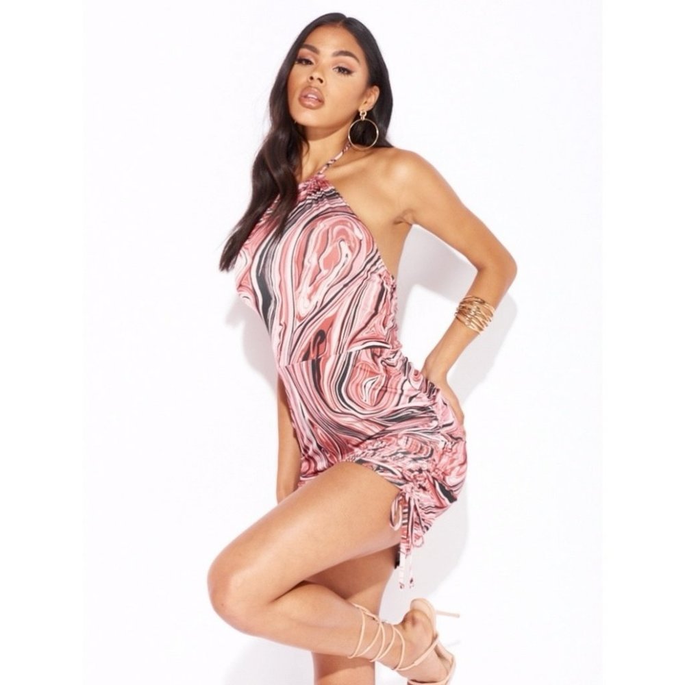 Marble Print Sleeveless Halter Neck Open Back Ruched Bodycon Mini Dress - Picture 8 of 12
